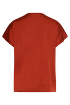 Brick satin V-neck short-sleeve blouse, flat back view on plain background