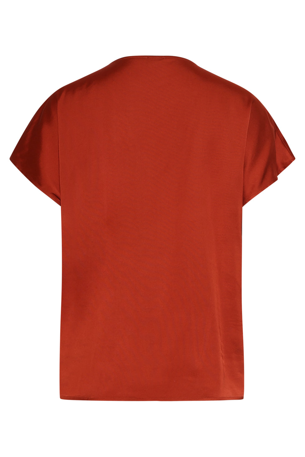 Brick satin V-neck short-sleeve blouse, flat back view on plain background