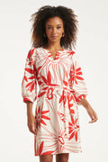 White dress with red floral print, gathered neckline, three-quarter sleeves, self-tie waist