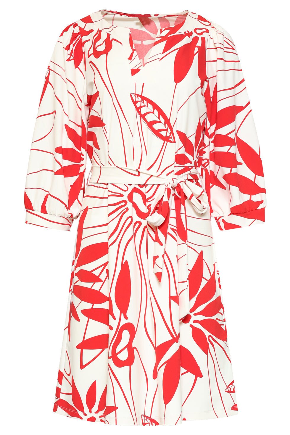 White and red floral print dress, ruffled gathered neckline and elastic waist tie