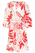 White and red floral print dress, ruffled gathered neckline and elastic waist tie