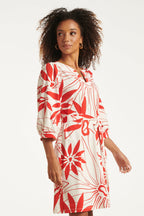 White and red floral print dress with gathered neckline and waist tie, 3/4 sleeves