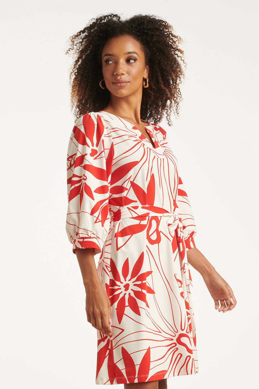 White and red floral print dress with gathered neckline and waist tie, 3/4 sleeves