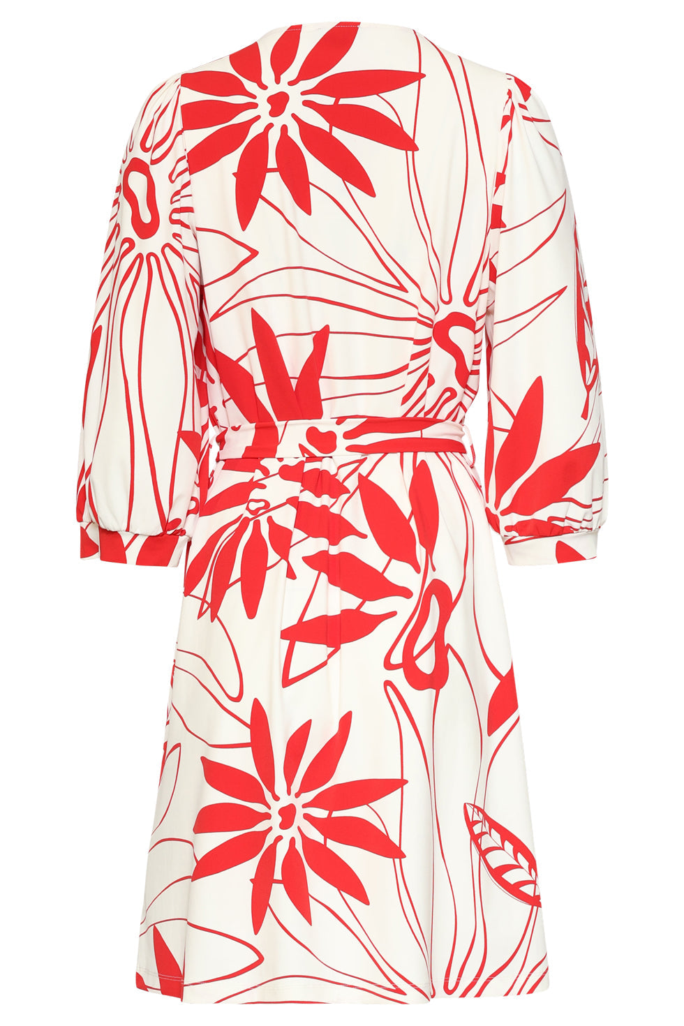 Close-up of white dress with red floral print, tie waist detail, three-quarter sleeves