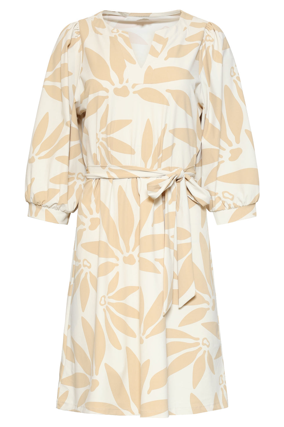 Off-white floral V-neck dress with 3/4 puff sleeves and waist tie, knee-length