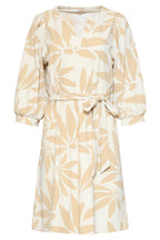 Off-white floral V-neck dress with 3/4 puff sleeves and waist tie, knee-length