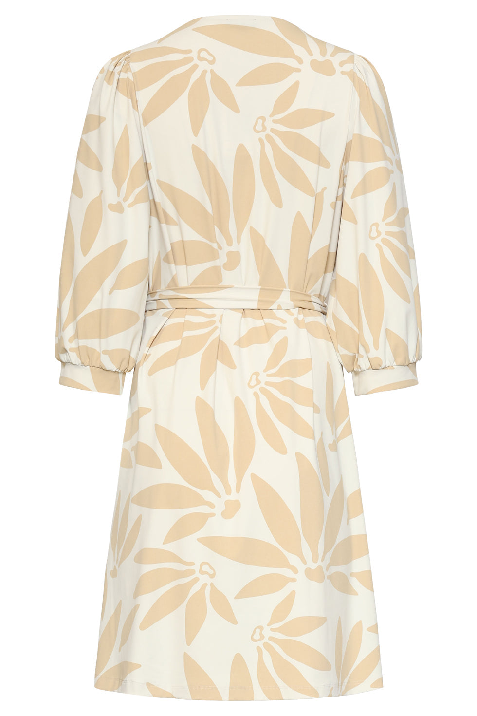 Back view of off-white floral dress with V-neck seam and waist-tie detail