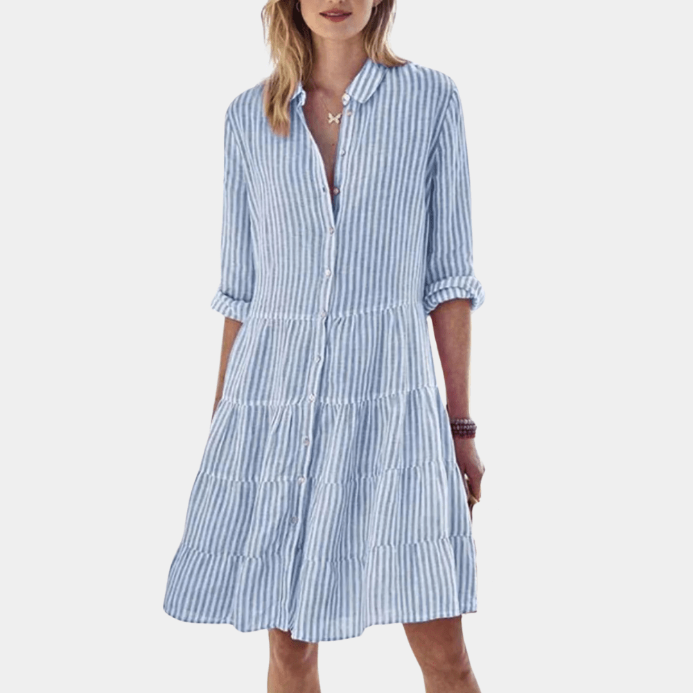 Blue striped tiered shirt dress with button-front collar and 3/4 sleeves