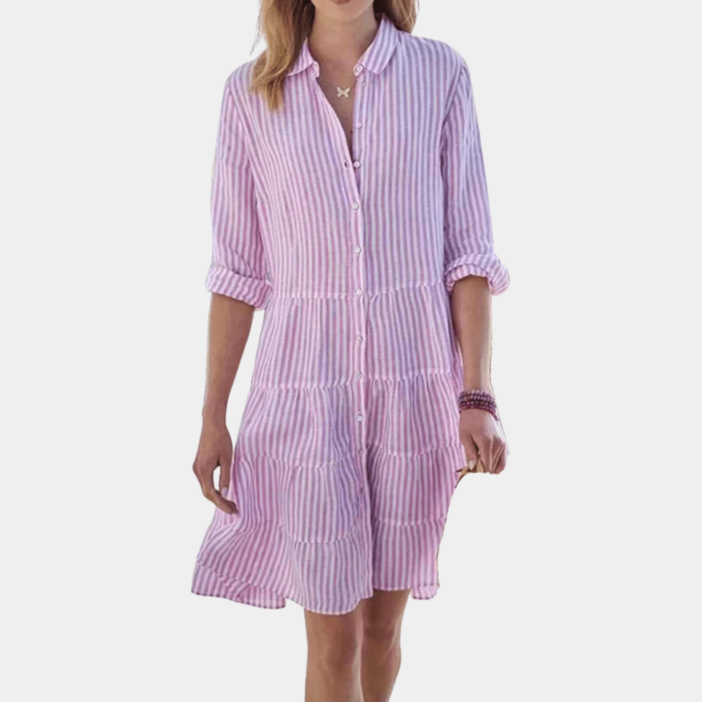 Purple striped tiered shirt dress, button-front collar, 3/4 sleeves