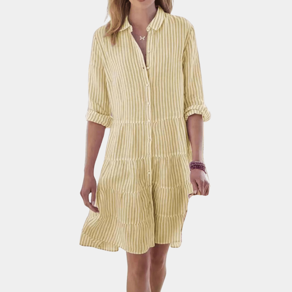 Yellow striped tiered shirt dress, button-front collar, 3/4 sleeves