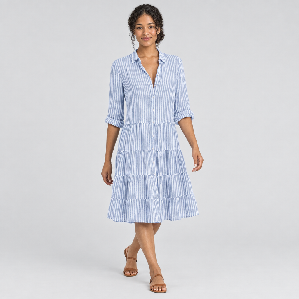 Blue striped tiered shirt dress in motion with rolled 3/4 sleeves