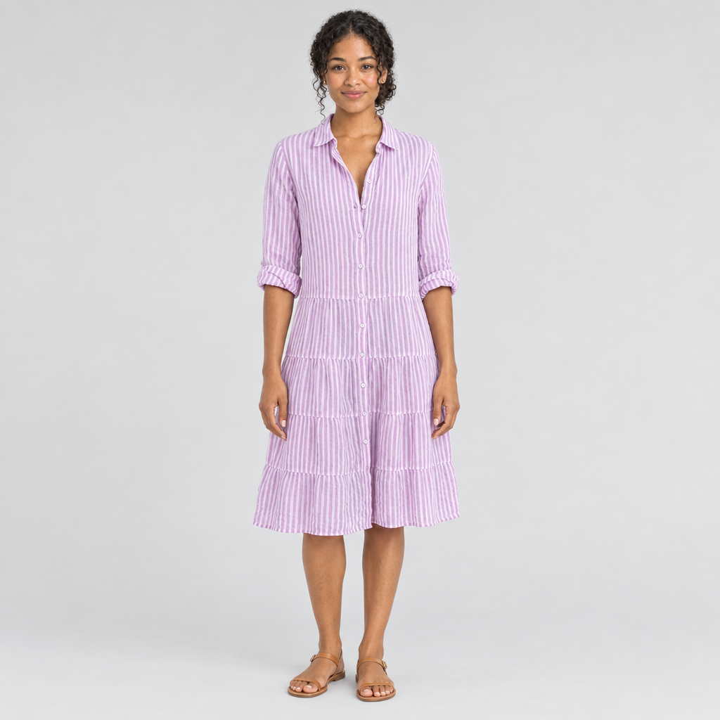 Purple striped tiered shirt dress front view on model with flat sandals