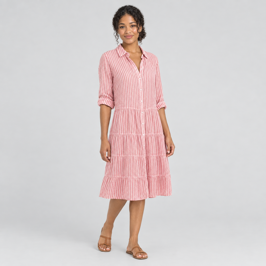 Pink striped tiered shirt dress three-quarter view with button-front collar