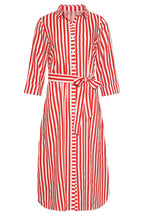Red and white striped maxi dress, collared neckline, waist-tie belt, three-quarter sleeves