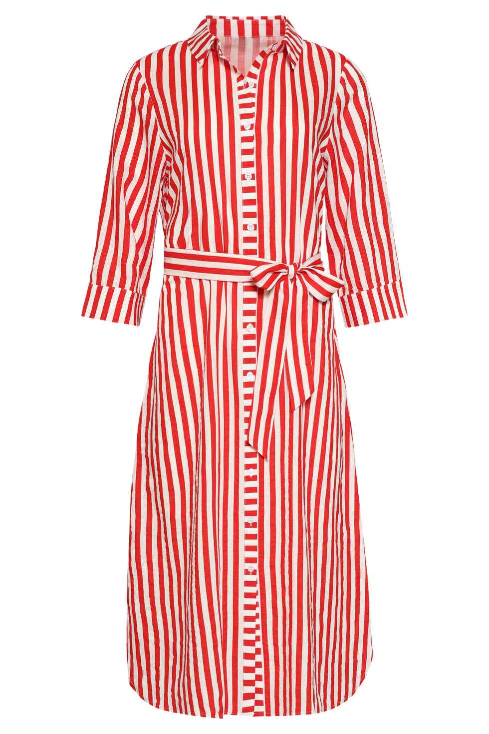 Red and white striped maxi dress, collared neckline, waist-tie belt, three-quarter sleeves