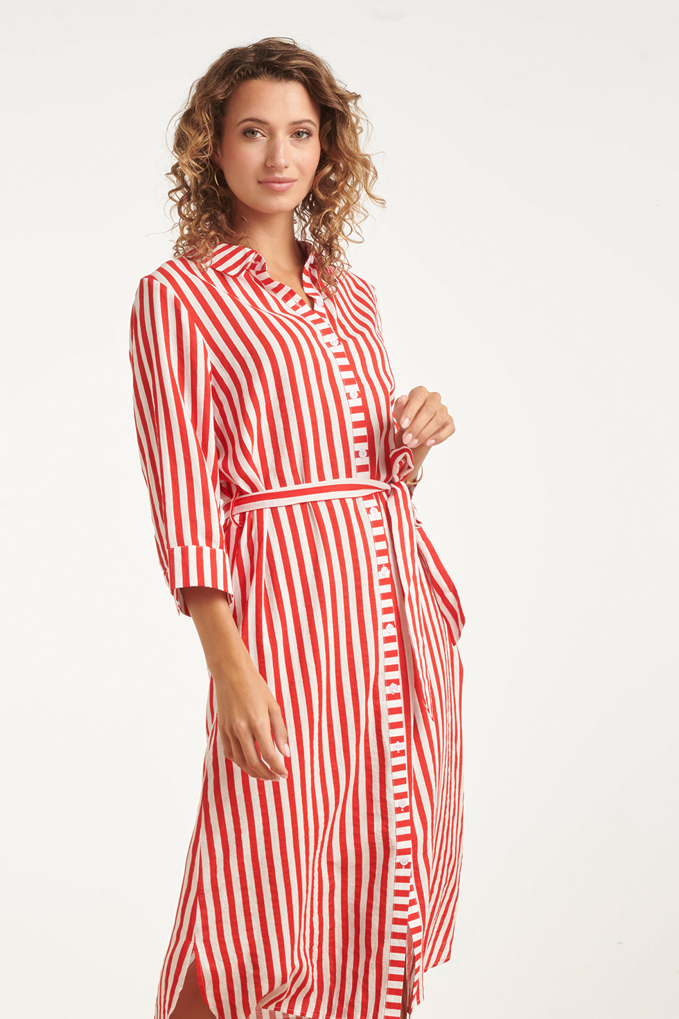 Red and white striped shirt-style maxi dress with waist belt and three-quarter sleeves