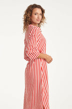 Red and white striped maxi dress with waist belt, three-quarter sleeves, collared front