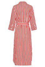 Red and white striped maxi dress with waist belt, three-quarter sleeves, back view