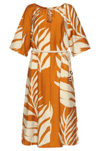 Mustard tunic dress with off-white leaf print, gathered neckline, tied waist