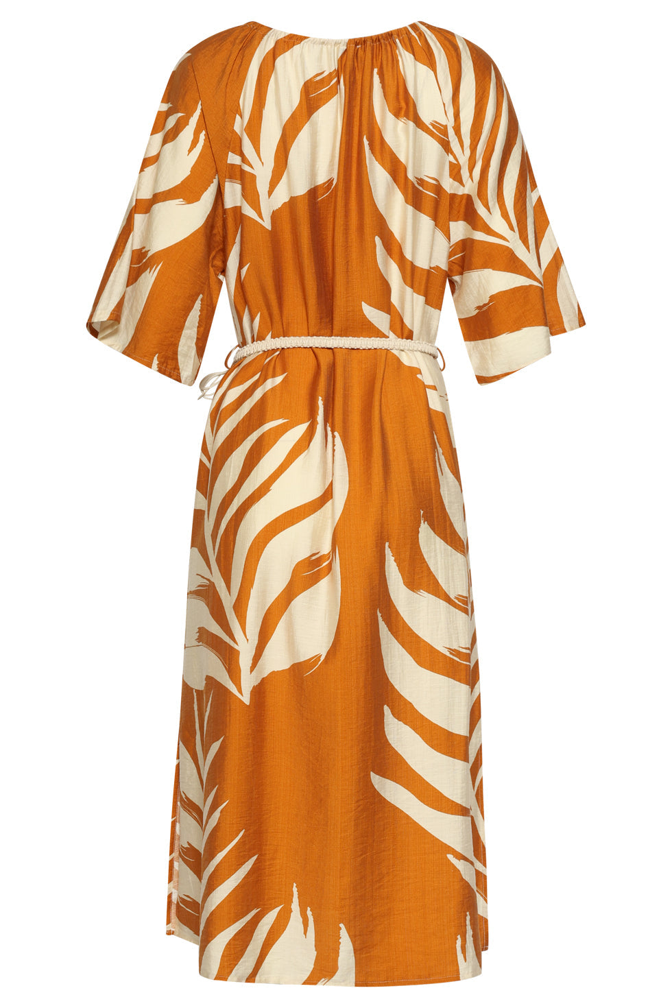 Mustard tunic dress with off-white leaf print, back view, tied waist and gathered neck