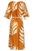 Mustard tunic dress with off-white leaf print, back view, tied waist and gathered neck
