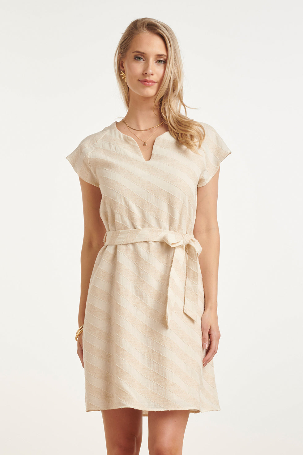 Women's cotton-linen dress, sand diagonal stripe print, V-neck and waist ribbon