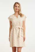Women's cotton-linen dress, sand diagonal stripe print, V-neck and waist ribbon