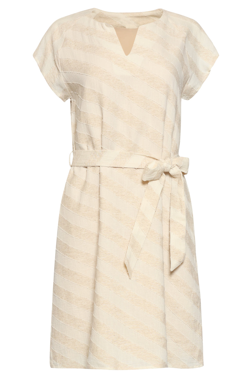 Women's cotton-linen dress back view, sand diagonal stripe print, tied waist ribbon