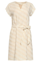 Women's cotton-linen dress back view, sand diagonal stripe print, tied waist ribbon
