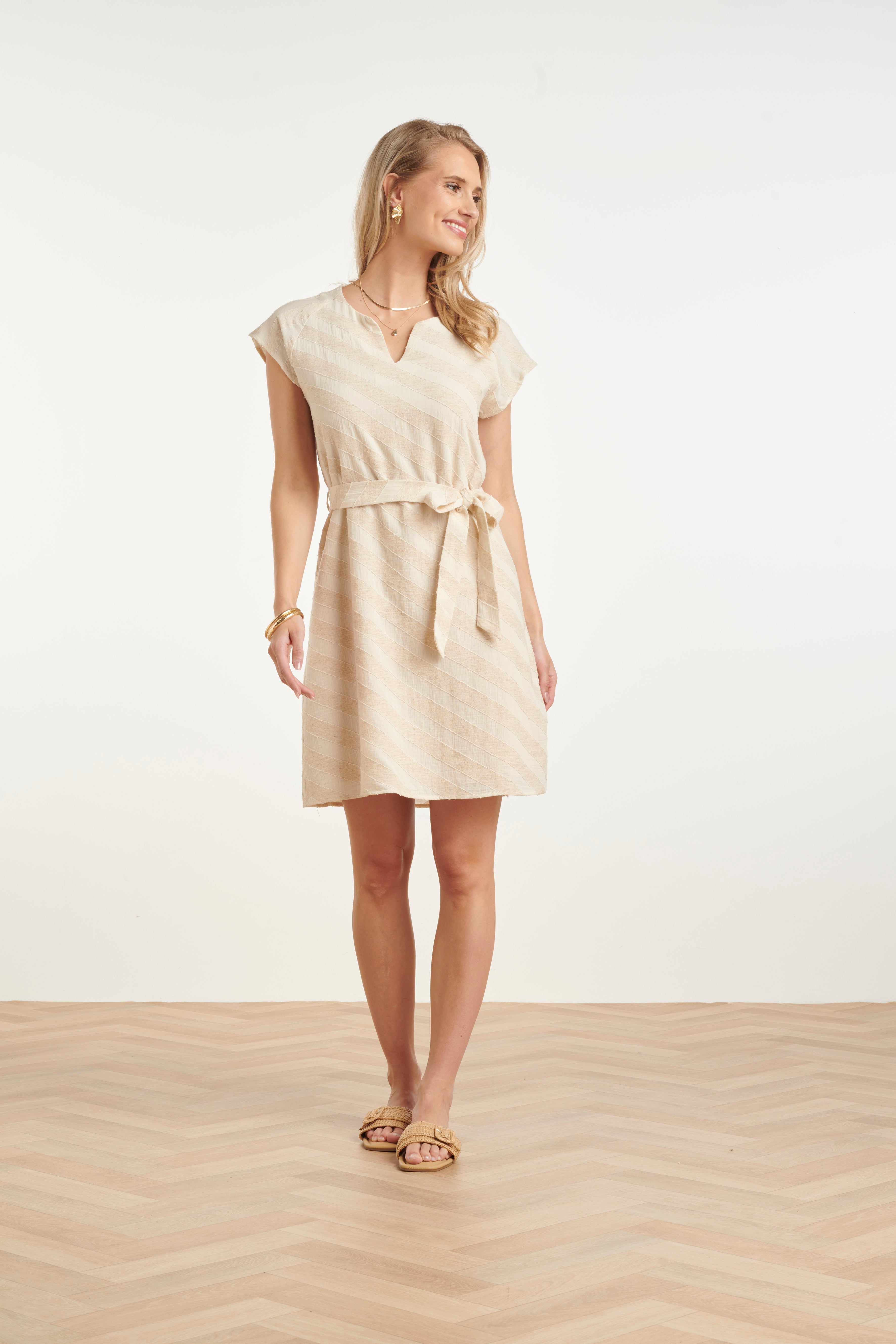 Women's cotton-linen dress, sand diagonal stripe print, tied waist ribbon, short sleeves