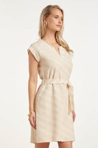 Women's cotton-linen dress, sand diagonal stripe print, V-neck and tied waist ribbon