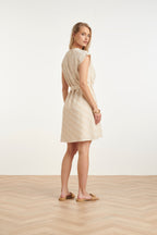 Women's cotton-linen dress, sand diagonal stripe print, tied waist ribbon, side view