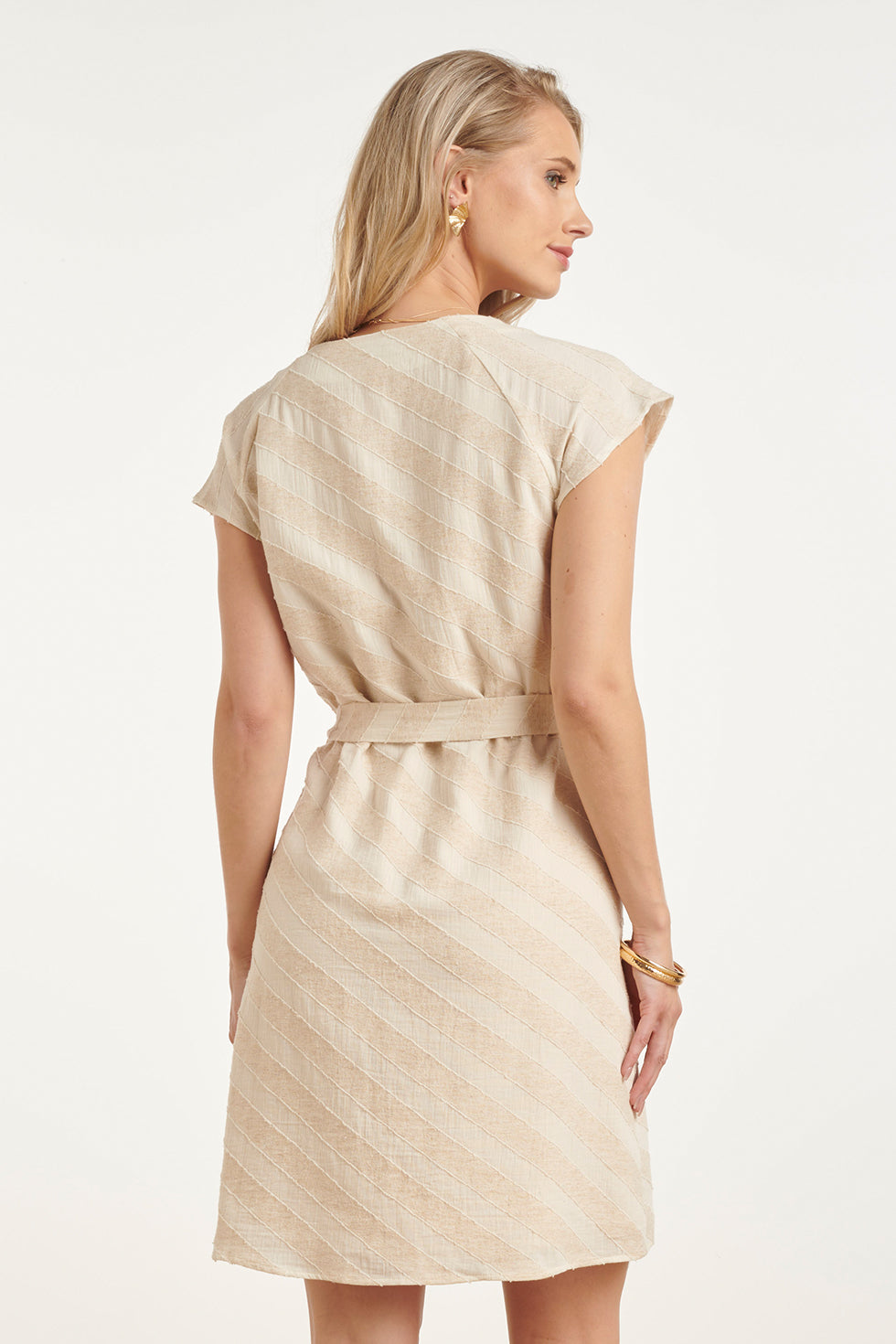 Women's cotton-linen dress back, sand diagonal stripe print, tied waist ribbon