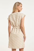 Women's cotton-linen dress back, sand diagonal stripe print, tied waist ribbon