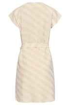 Women's cotton-linen dress, sand diagonal stripe print, tied waist ribbon back
