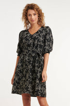 Black V-neck floral dress with waist belt, puff sleeves, above-knee length
