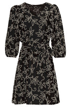 Black V-neck floral dress with waist belt and puff sleeves, above-knee length