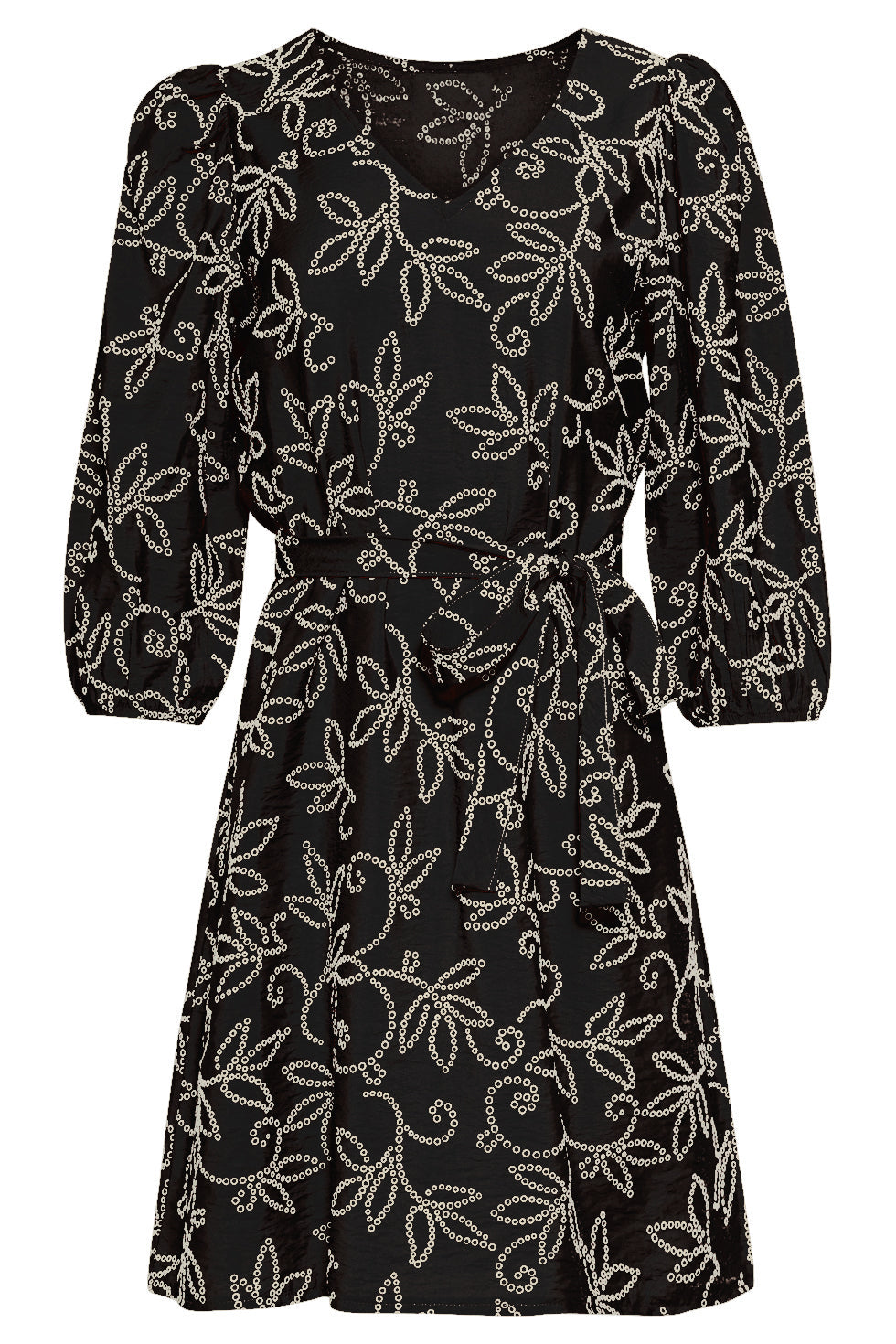 Black V-neck floral dress with waist belt and puff sleeves, above-knee length
