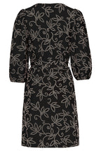 Black V-neck floral dress with puff sleeves and waist belt, above-knee length (back)