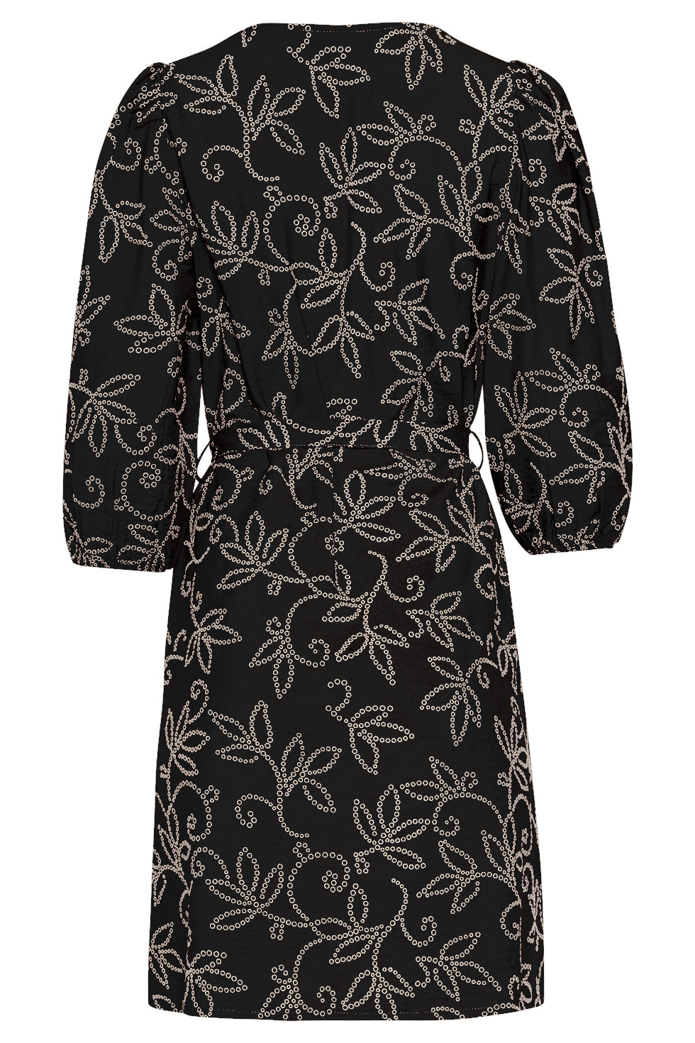 Black V-neck floral dress with puff sleeves and waist belt, above-knee length (back)
