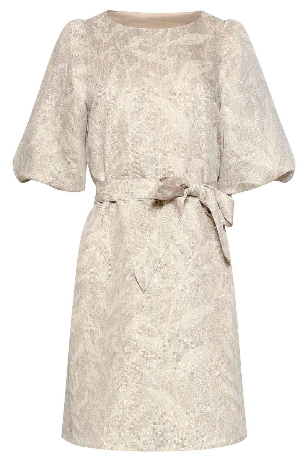 Leaf-print shift dress with short puff sleeves and tied waist, crew neckline.