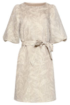Leaf-print shift dress with short puff sleeves and tied waist, crew neckline.