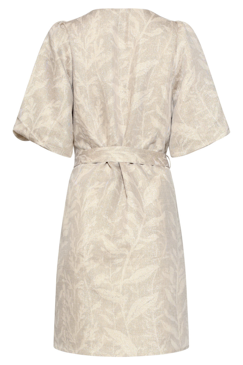Leaf-print short dress with puff sleeves and tied waist belt, back neckline visible.