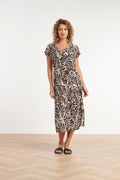 Palm print maxi dress with V-neck, short sleeves, and waist belt in cream and dark brown.