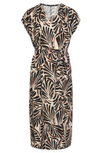 V-neck palm print maxi dress with short sleeves and tied waist belt, cream and dark brown.