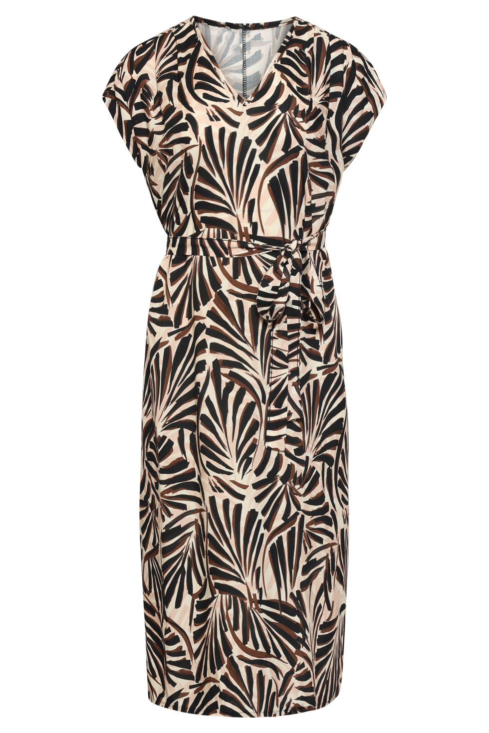 V-neck palm print maxi dress with short sleeves and tied waist belt, cream and dark brown.
