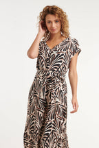 Palm print V-neck maxi dress with short cap sleeves and gathered waist belt, cream and dark brown.