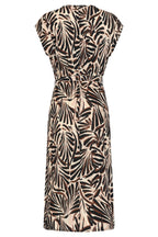 Three-quarter back palm print maxi dress with V-neck and tied waist belt, cream and dark brown.