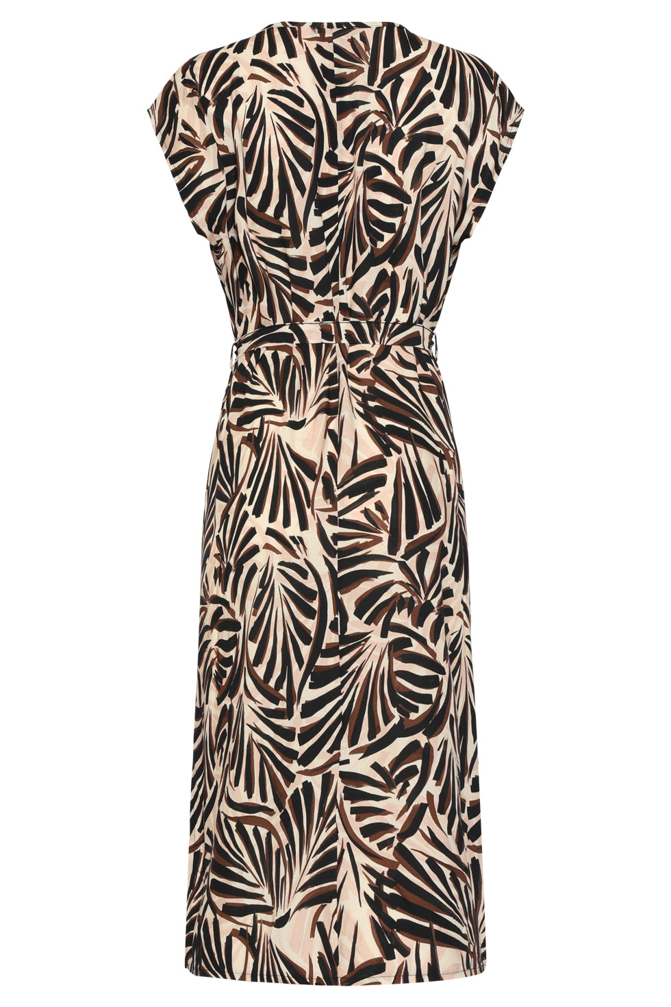 Three-quarter back palm print maxi dress with V-neck and tied waist belt, cream and dark brown.