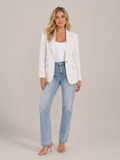 White fitted blazer with classic lapels, single-button front, flap pockets